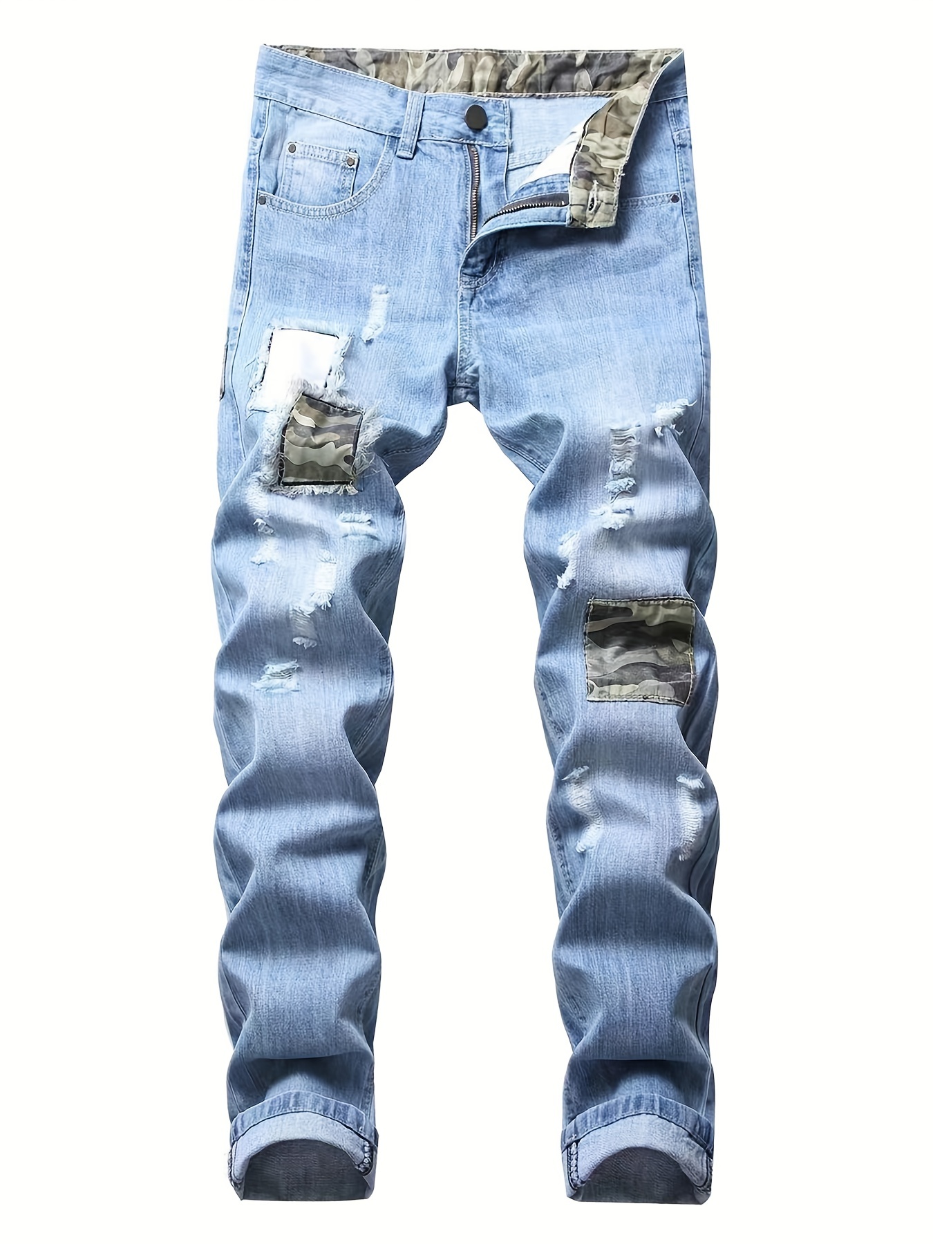 Stylish Camo Pattern Patch Mens Jeans Ripped Straight Temu Australia 0842