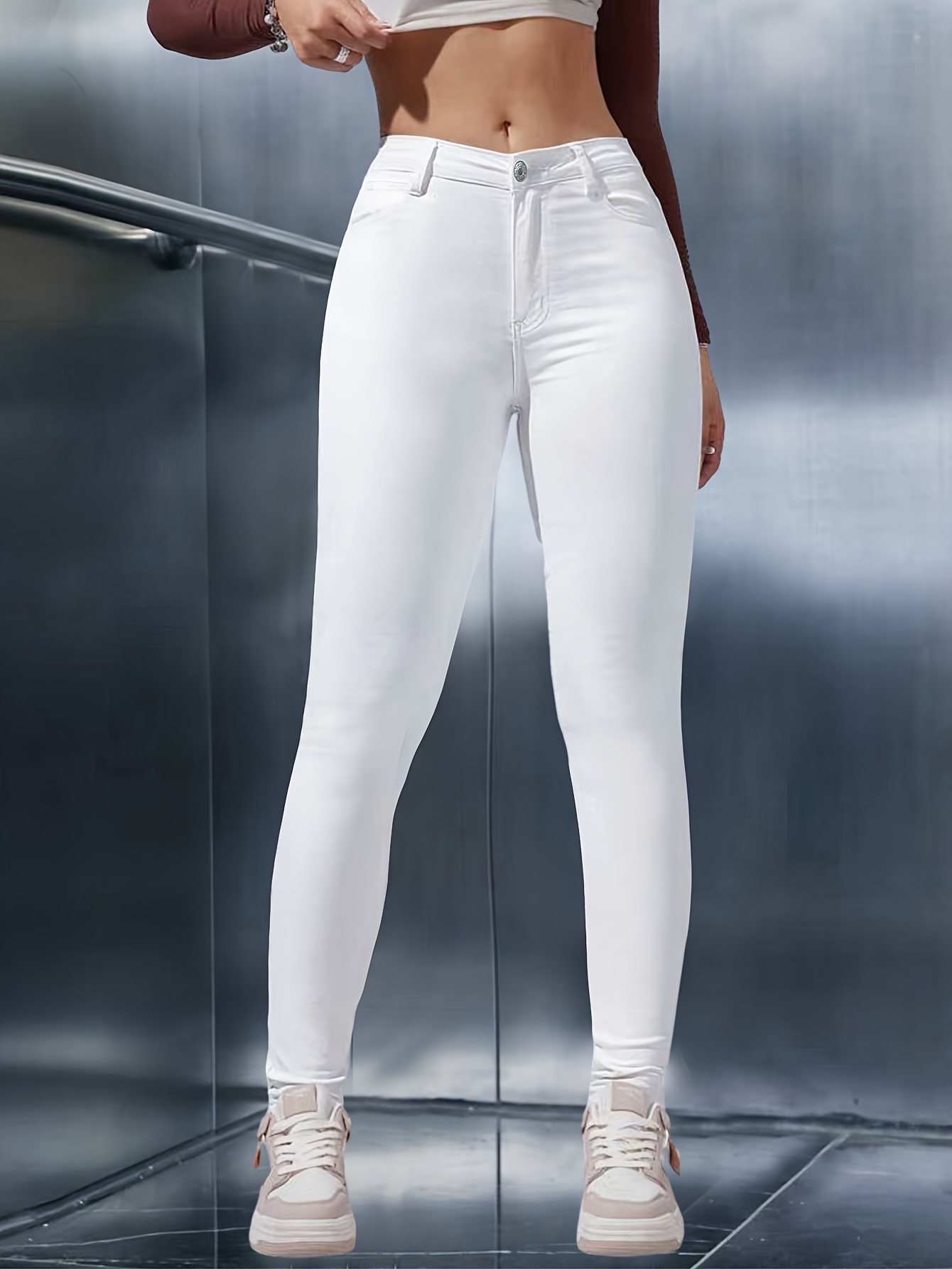 Jeans Skinny Brancos Lisos Calças Jeans De Cintura Alta - Temu Portugal
