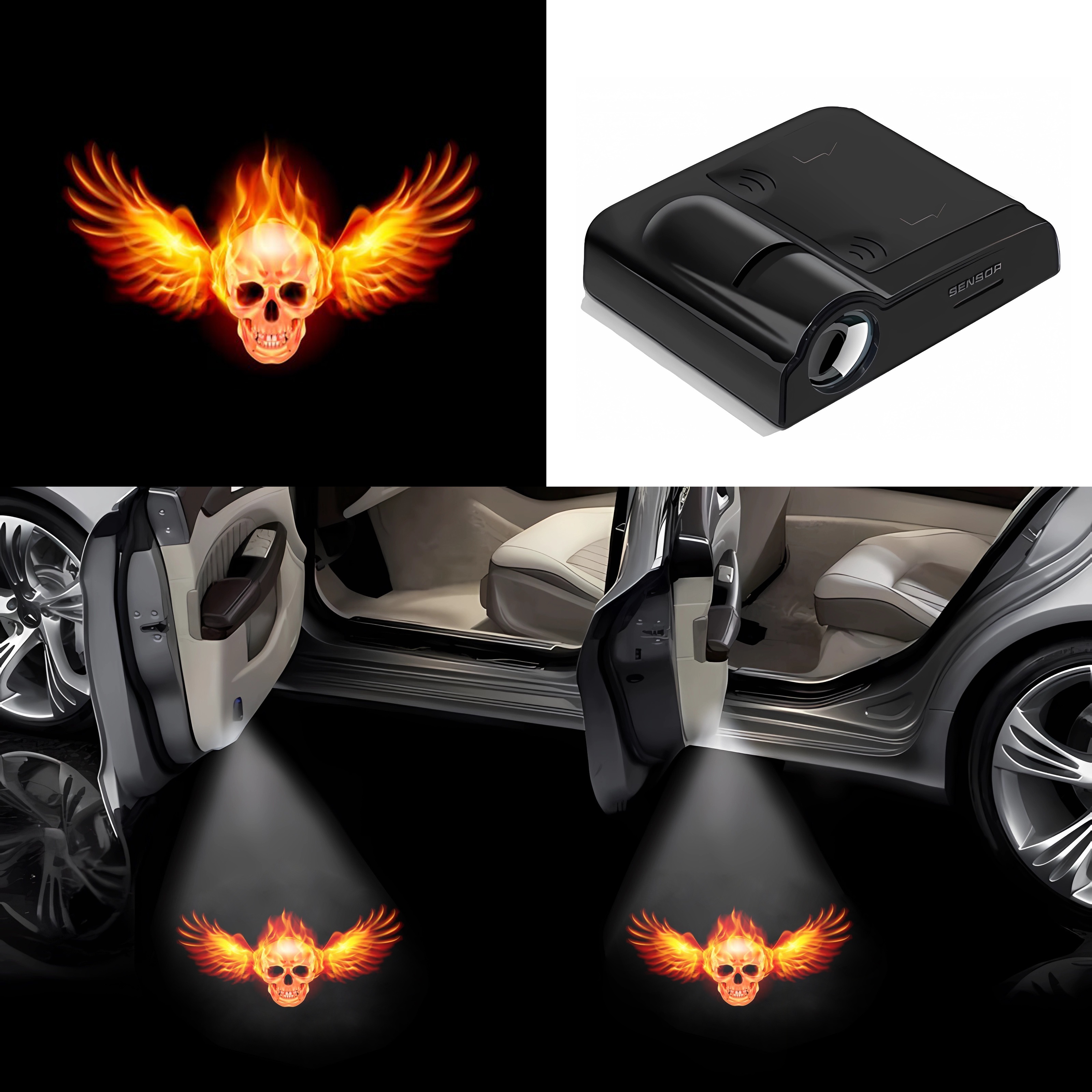 Upgrade Your Car with 2pcs Universal LED Door Decorative Lights - Wireless  Laser Light Flying Skull & Wings Logo Design