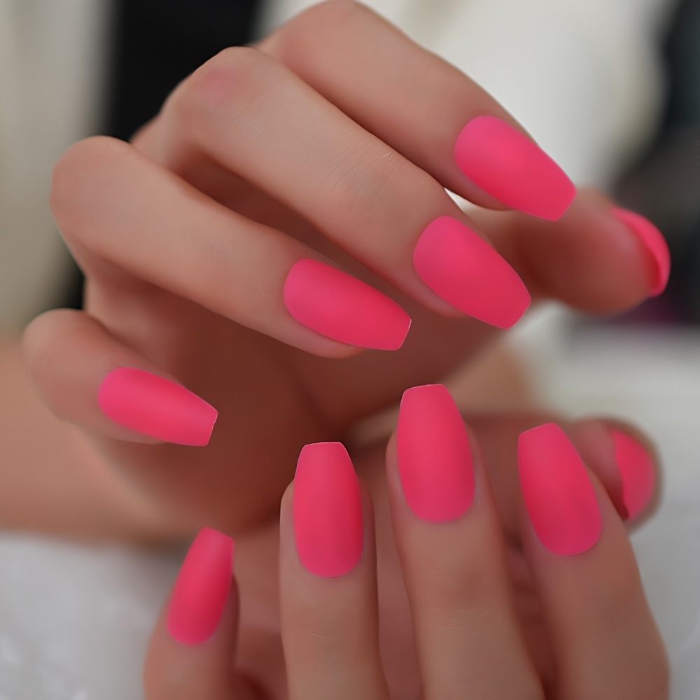 medium coffin ballet fake nails solid color matte neon pinkish press on nails simple style fake nails art with tools details 1