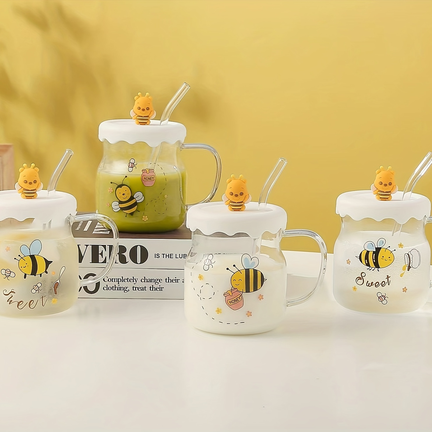 Cartoon Glass Cup With Lid And Straw Cute Kawaii Clear Water - Temu