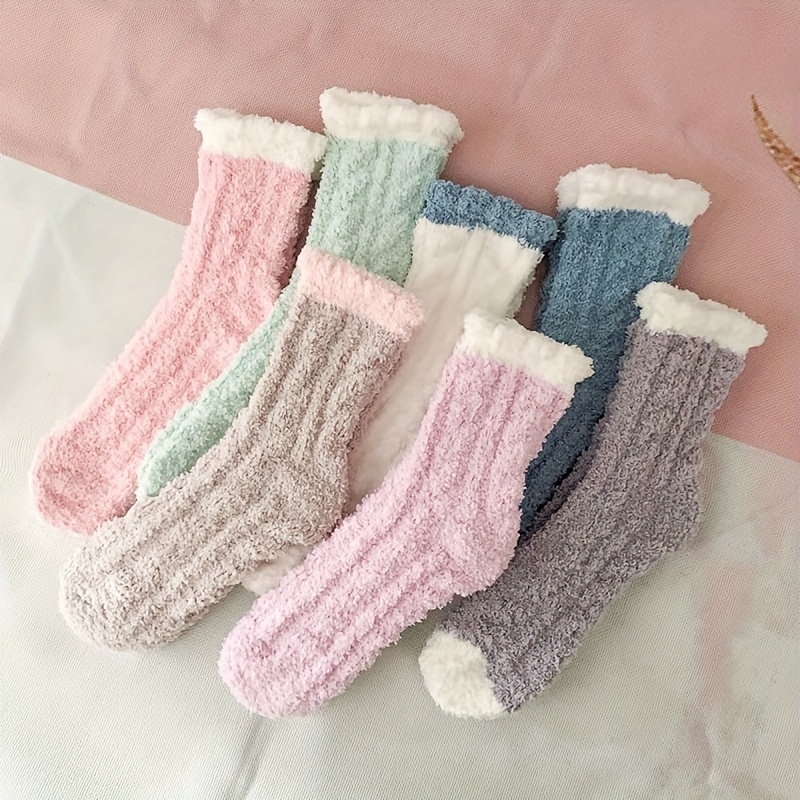 

3/4/7 Pairs Colorblock Fuzzy Socks, Comfy & Warm Lettuce Trim Socks, Women's Stockings & Hosiery