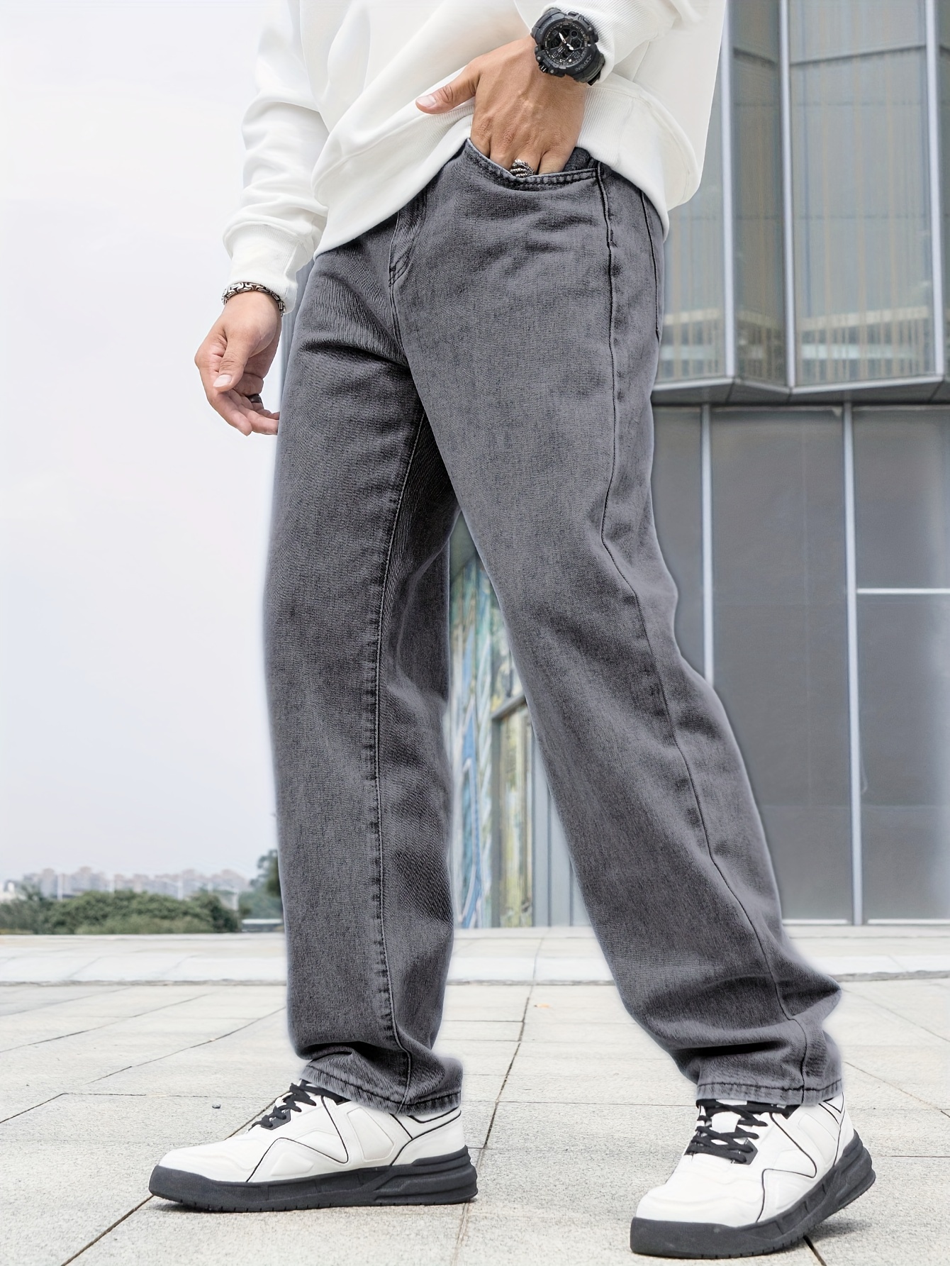 Men Wide-Leg Straight Jeans Fall Winter Loose Casual Rope Trousers