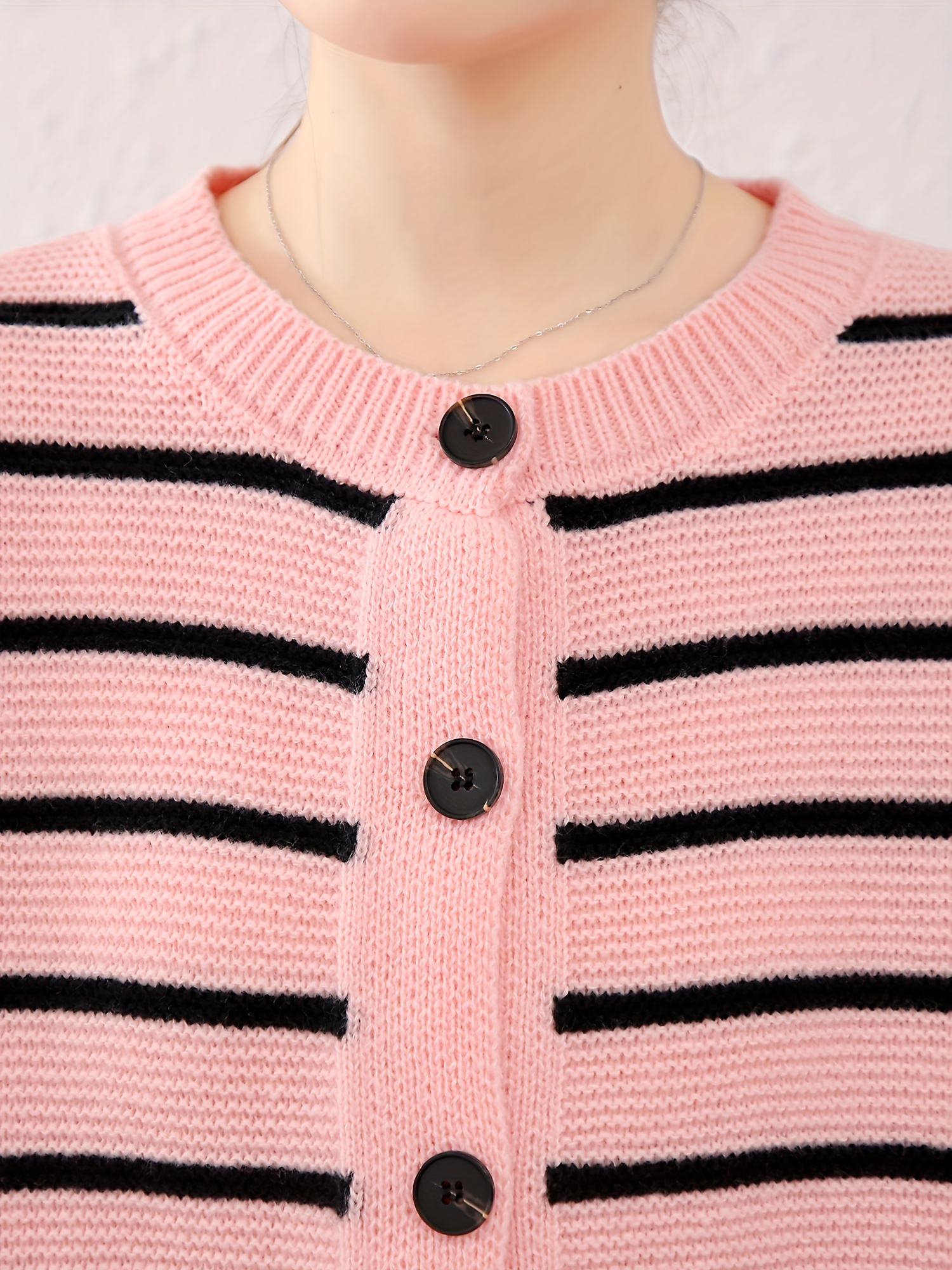 Striped Button Knit Cardigan Elegant Crew Neck Long Sleeve - Temu