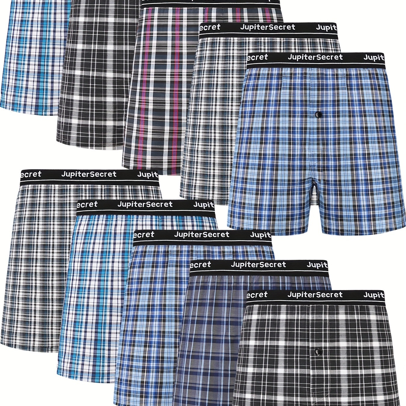JupiterSecret 6/10pairs Casual Plaid Elastic Waistband Button Boxer Shorts,  Men's Boxer Underwear