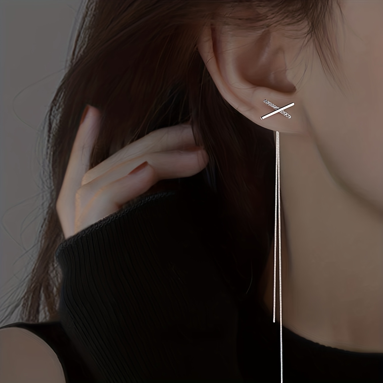 1 Pair Of Fashionable Minimalist Cold-style Cross-shaped Tassel Earrings With Accents For Women