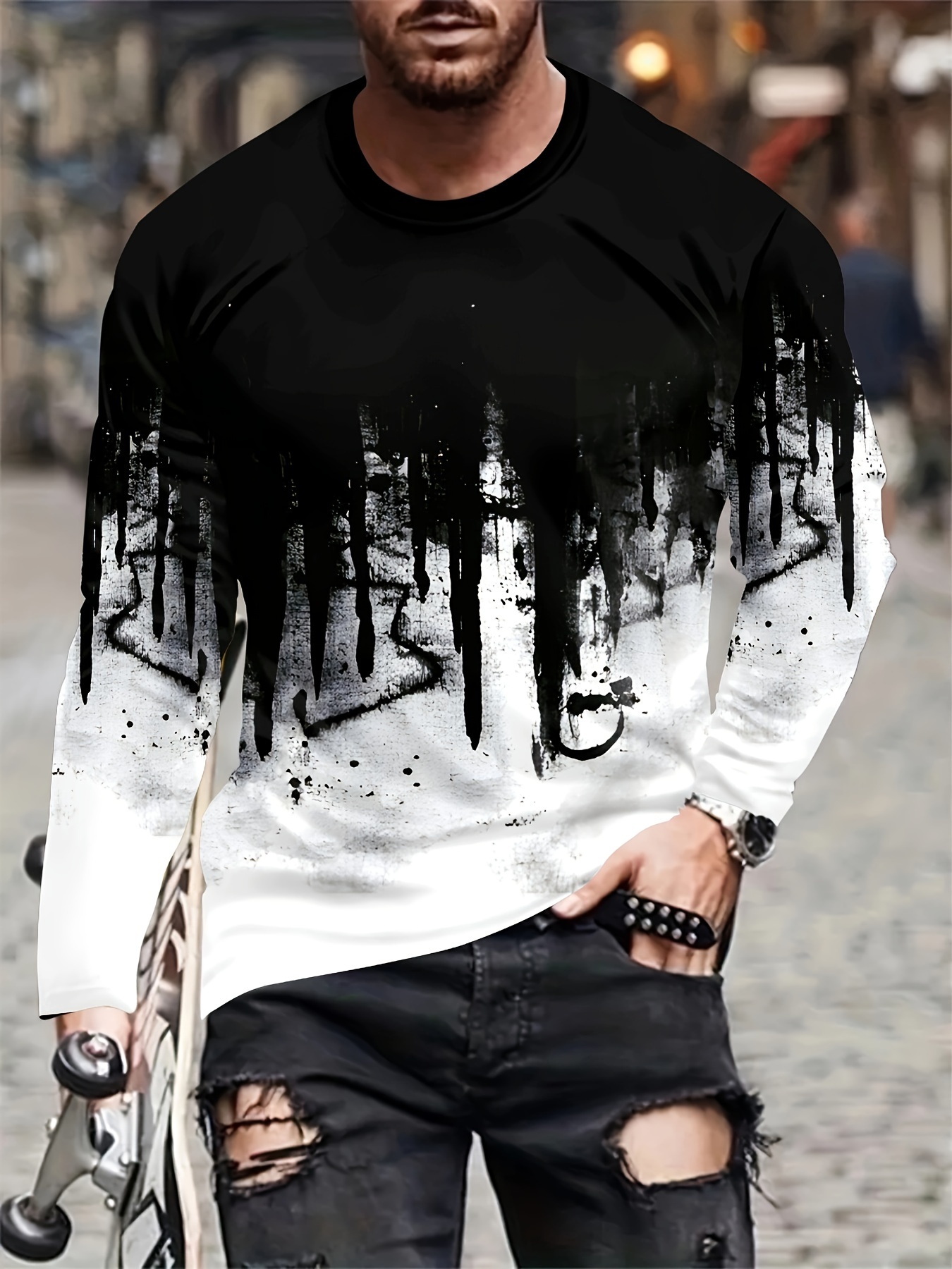 Black White Men's Outfits Casual Crew Neck Long Sleeve T - Temu