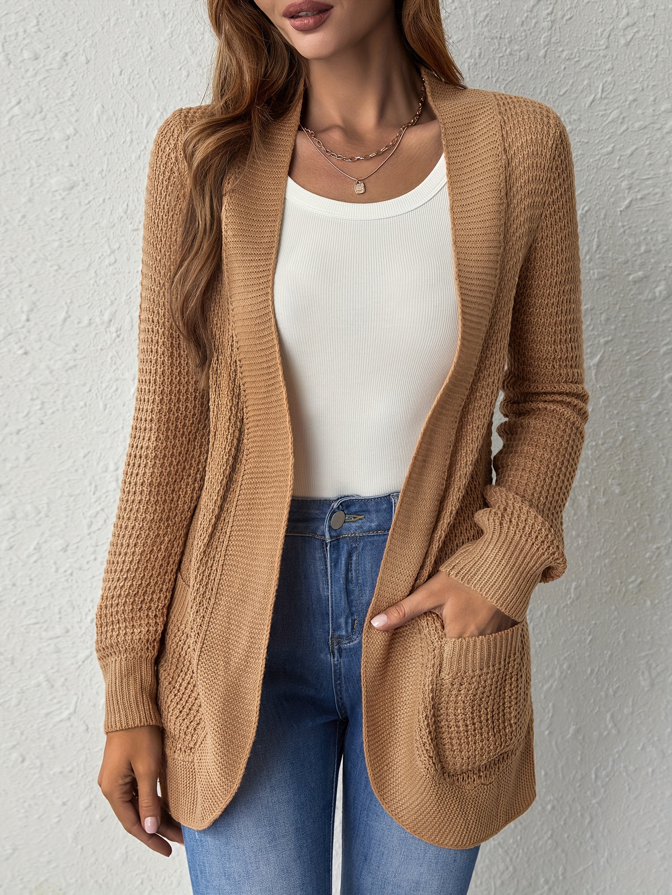 Solid Open Front Knit Cardigan, Casual Long Sleeve Sweater With Pockets,  Women's Clothing