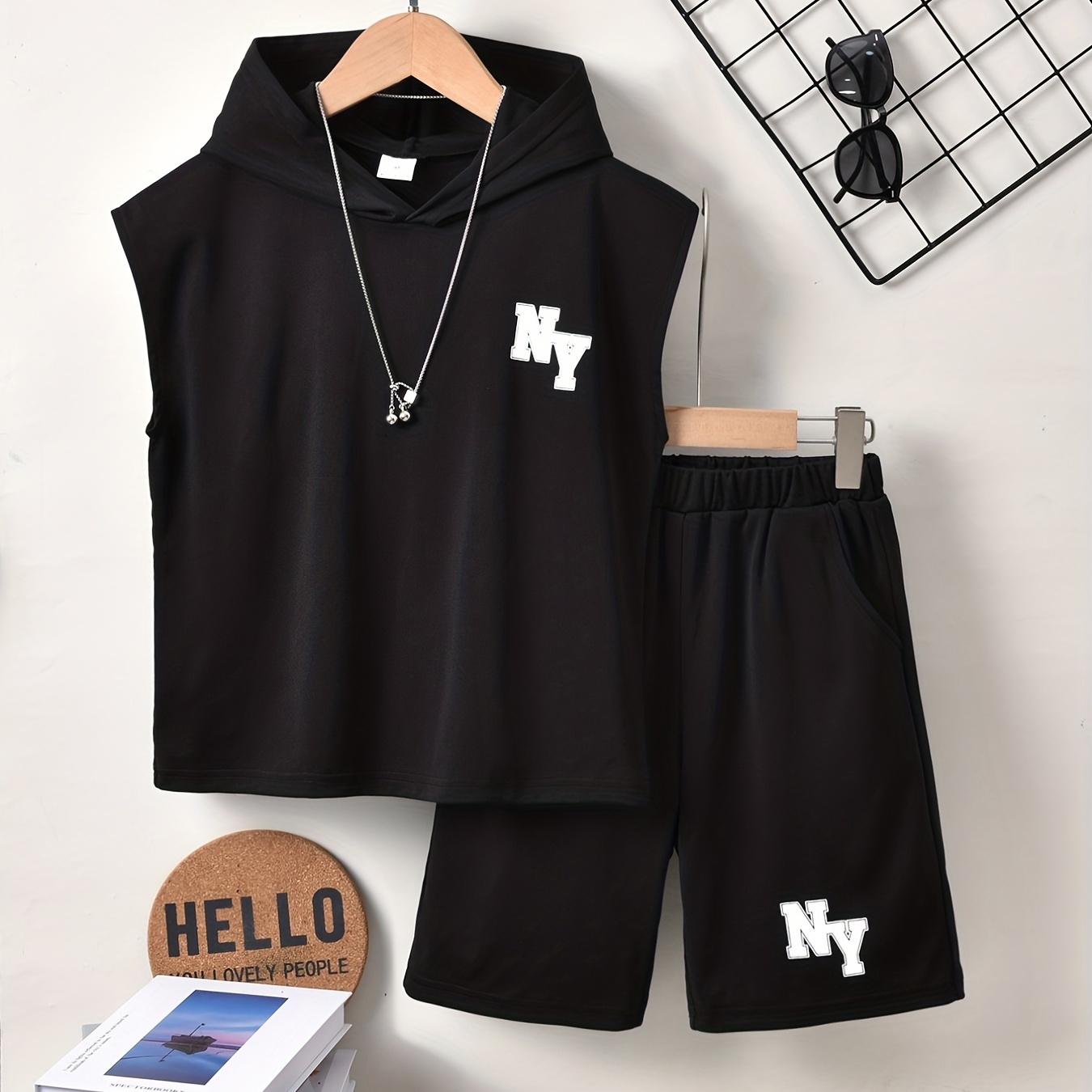 

Boys "ny" Cool Outfit Hooded Tank Top & Shorts Comfortable Breathable For Summer Kids Clothes Sets