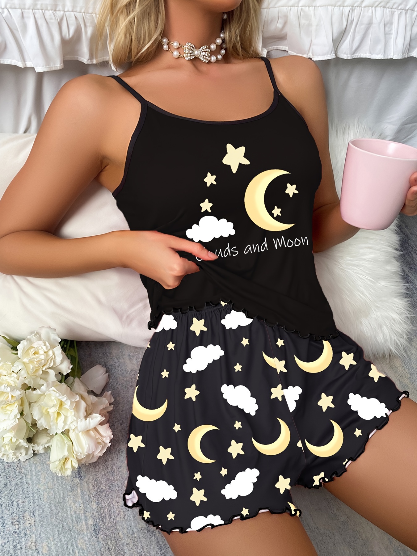 Cute Moon Print Pajamas Comfy Cami Top Elastic Waistband - Temu
