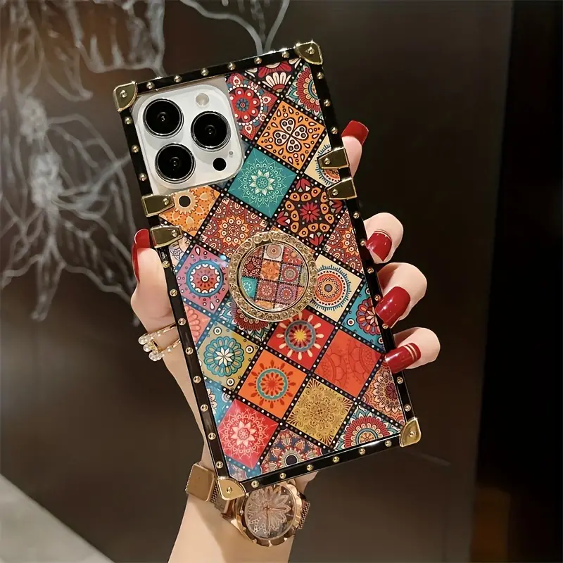 Luxury Glitter Vintage Flower Cover Square Phone Case For Iphone