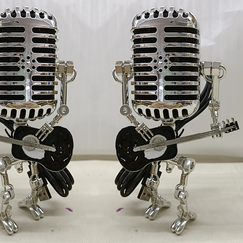 Usb Rétro Style Microphone Robot Lampe Tenant La Guitare Avec La Lumière  Vintage Décoration De La Maison (Blanc)