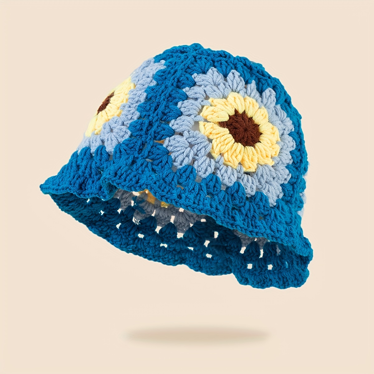 Boho Flower Crochet Bucket Hat Color Block Knitted Cloche - Temu