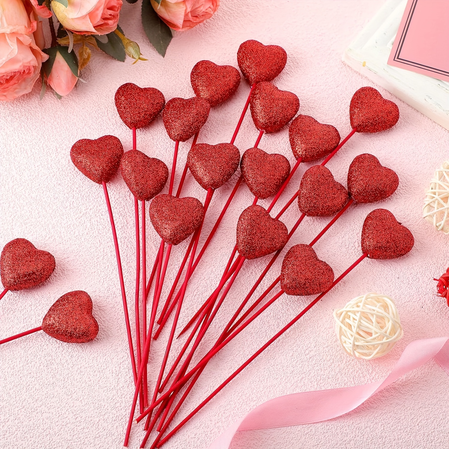 8 Red Glitter Heart Picks-red Glitter Foam Hearts on Wood Stick-cupcake  Topper-cake Topper-bouquet Decor-craft Supply 