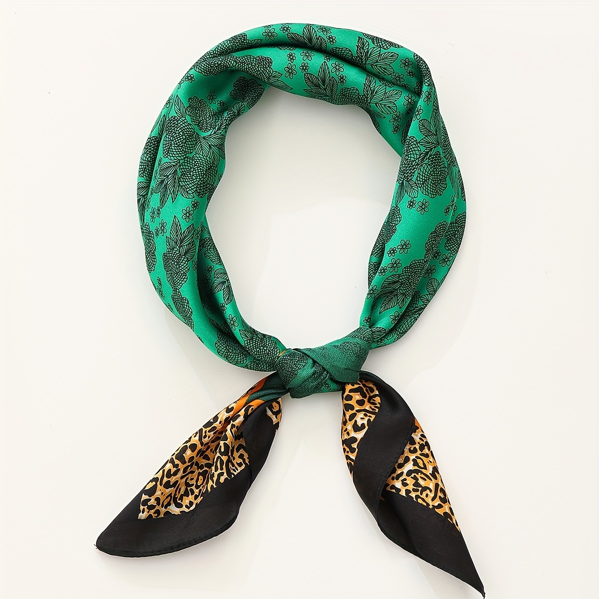 Green Leopard Print Bandana Satin Square Scarf