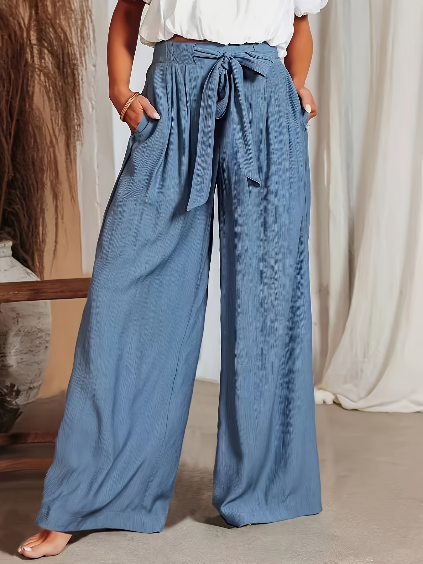 Women Casual Beach Wide Leg Trousers Elastic Waist Vintage Floral Print  Trousers Long Palazzo Pants with Pockets