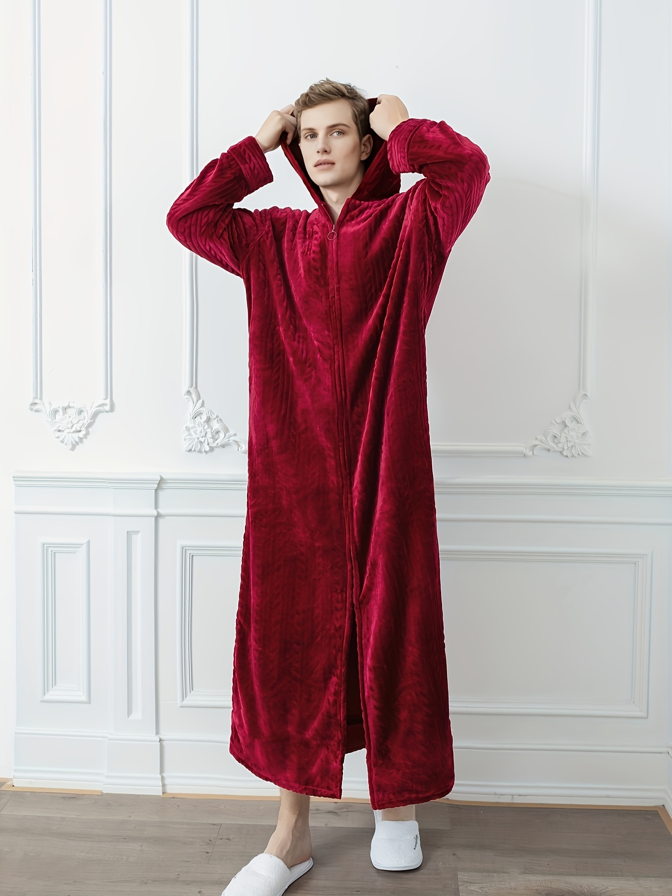 Men's Trendy Pajamas Hooded Warm Flannel Robe Zipper Pocket - Temu