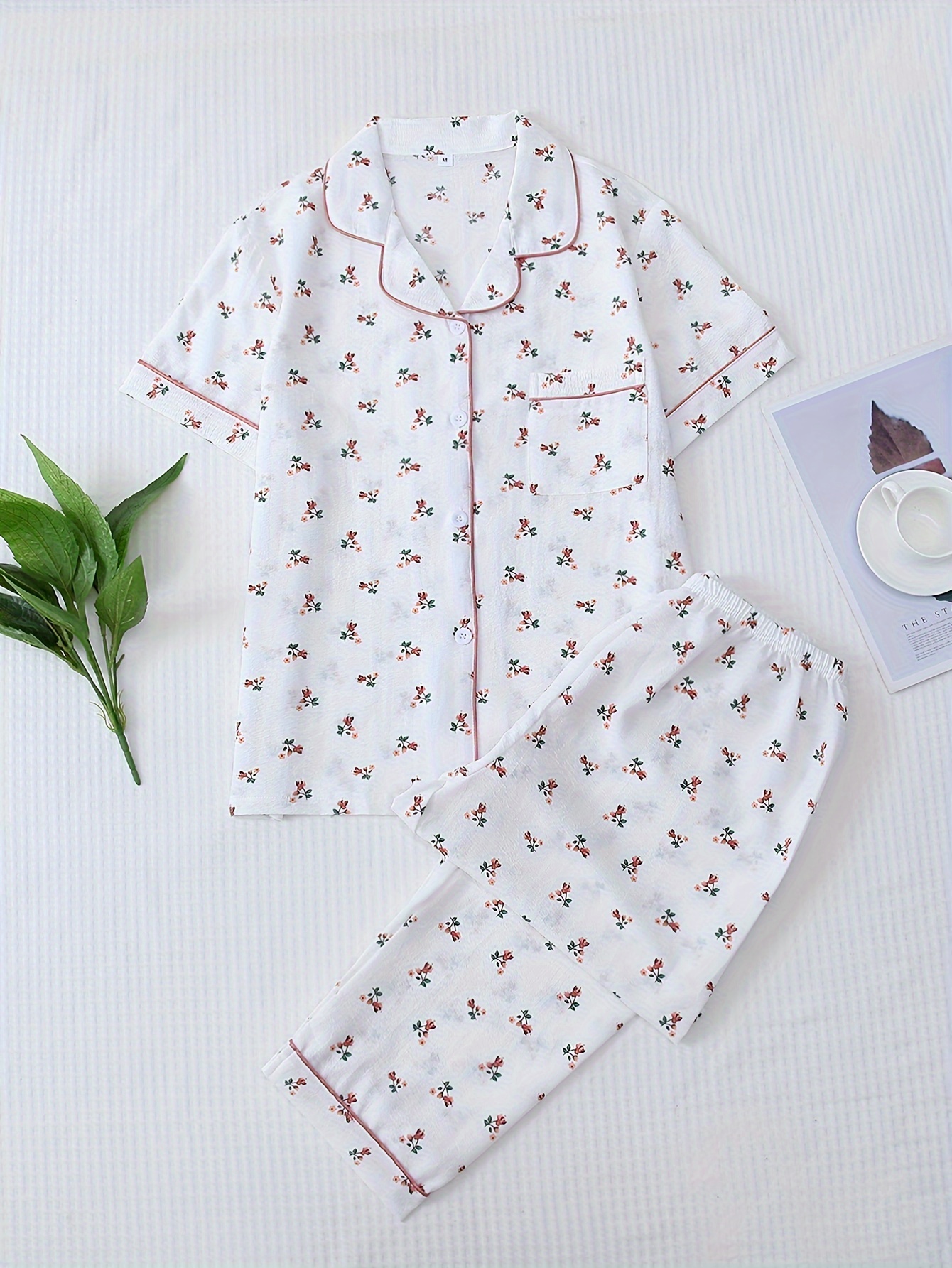 Cute Floral Print Pajamas, Short Sleeve Pajama Top & Pajama Pants, Women's  Loungewear & Sleepwear