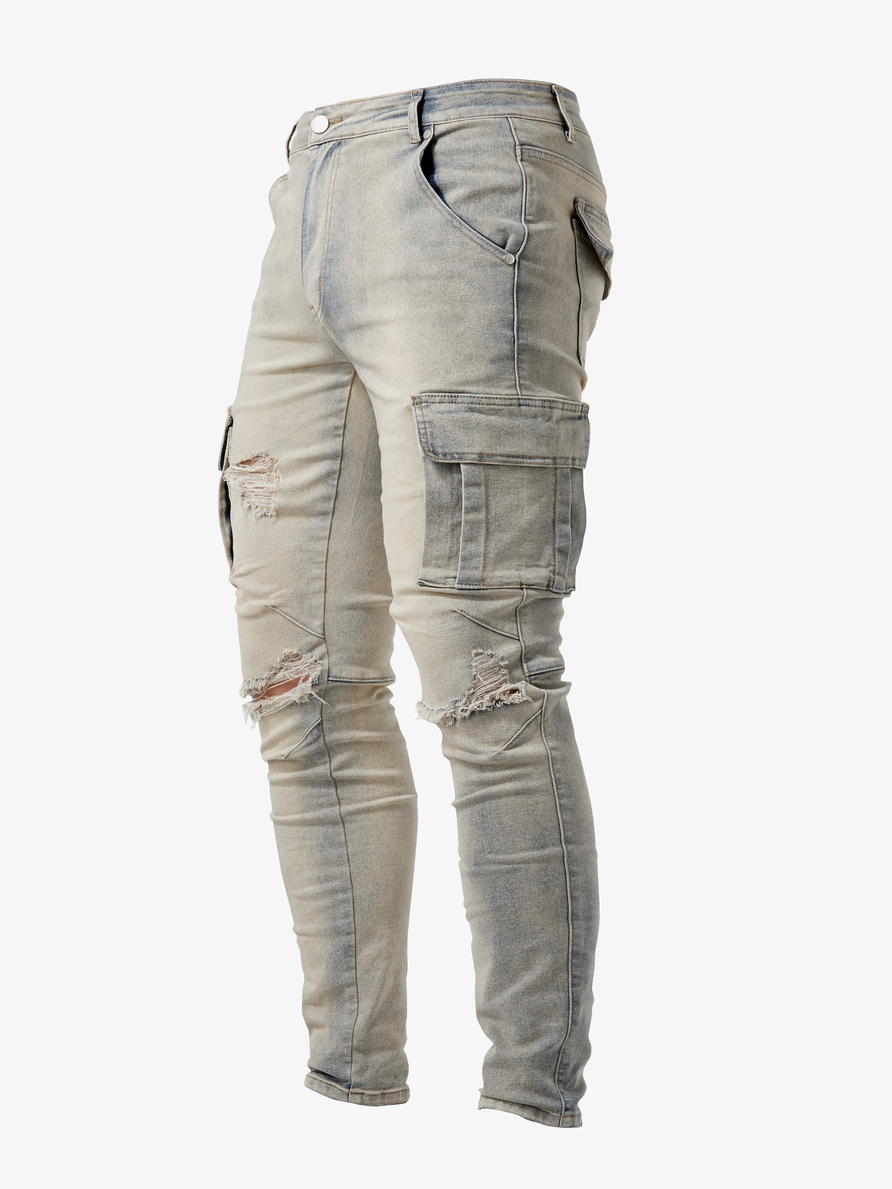 Men's Cargo Jeans Slim Fit Skinny Stretch Fashion Pencil Jeans Denim Pants  Trousers Multi Pockets