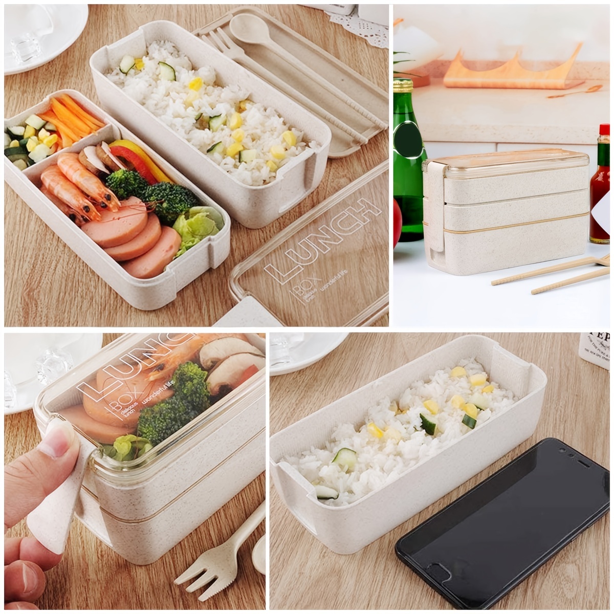 Healthy and Durable 3-Pack Wheat Fiber Bento Box Set with Utensils