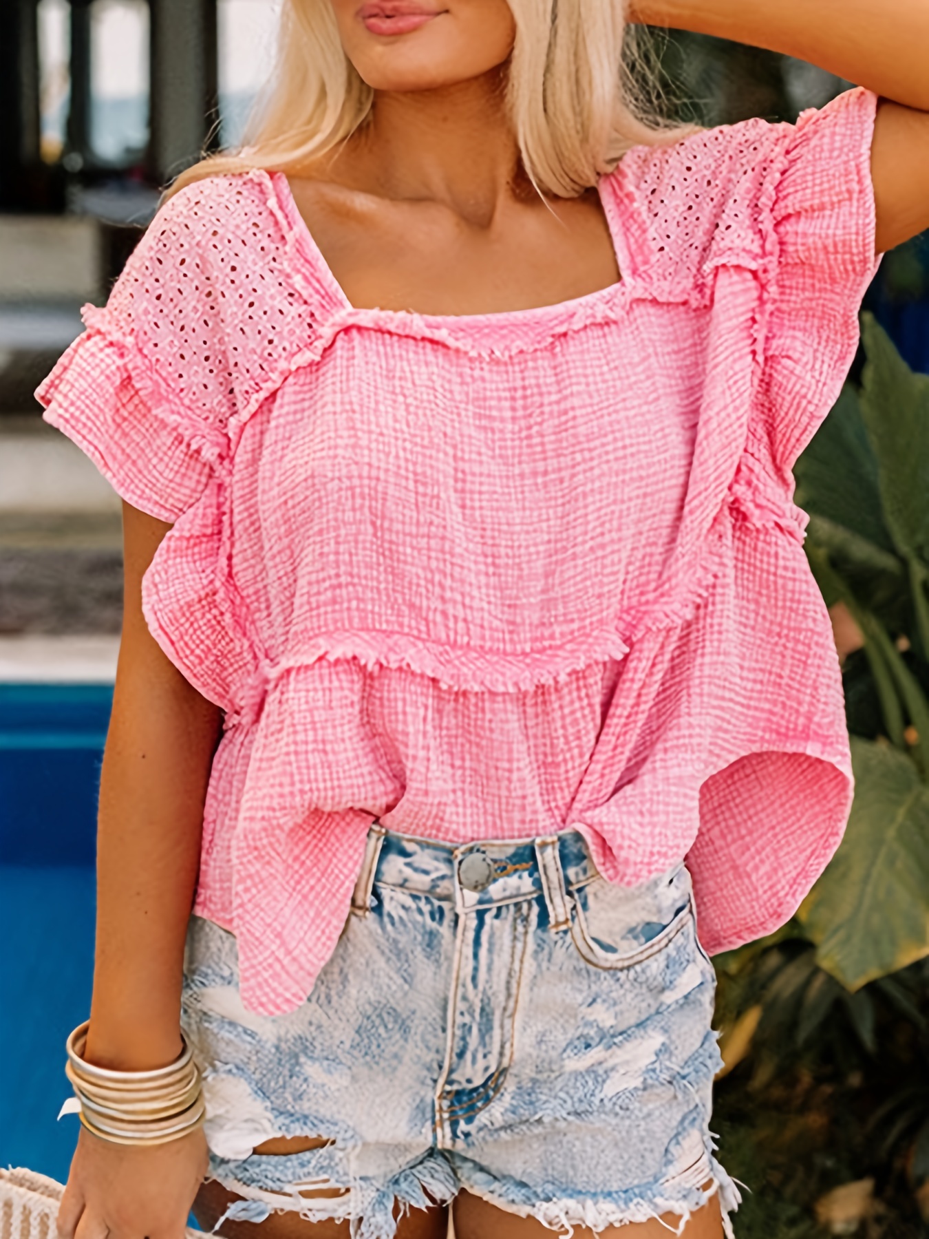 Solid V Neck Blouse Casual Short Sleeve Summer Comfy Blouse - Temu