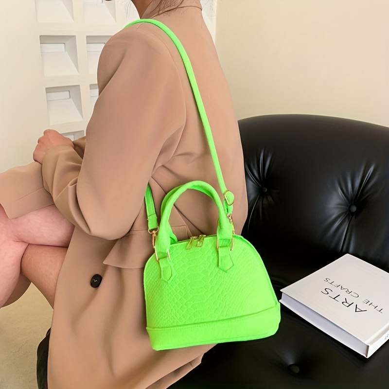 Mini Dome Bag Snakeskin Embossed Polyester Double Handle Fashionable Mint  Green Funky Double Handle For Summer Women's Crocodile Embossed Pattern  With Top Handle Bag, Vacation Shoulder Bag Fashion Shell Crossbody Bag For