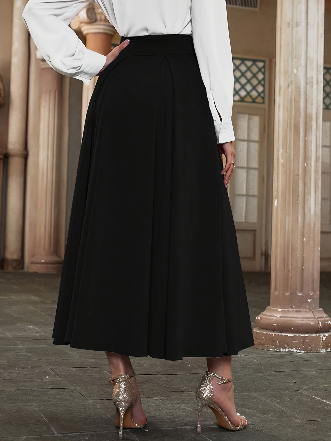 Solid Color Ankle Length Pleated Skirt, Elegant High Waist Skirt For Spring  & Fall, Women's Clothing