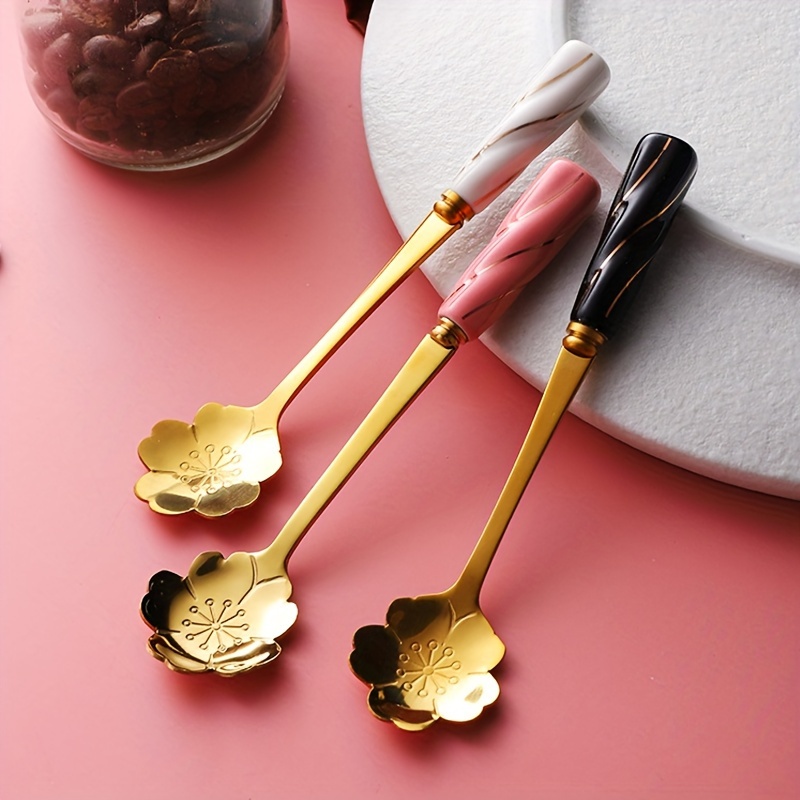 Stainless Steel Flower Spoon Ceramic Handle Spoon Mixing - Temu Canada