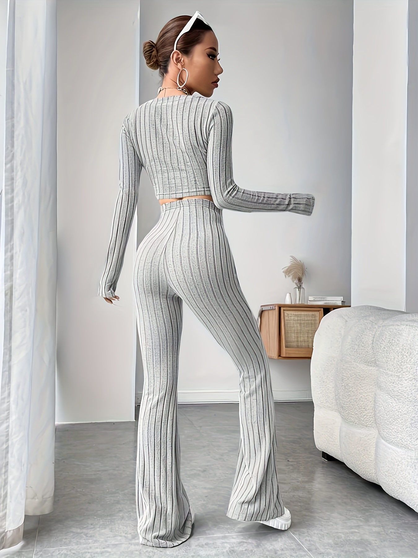 Casual Solid Textured Two piece Set Button Front Long Sleeve
