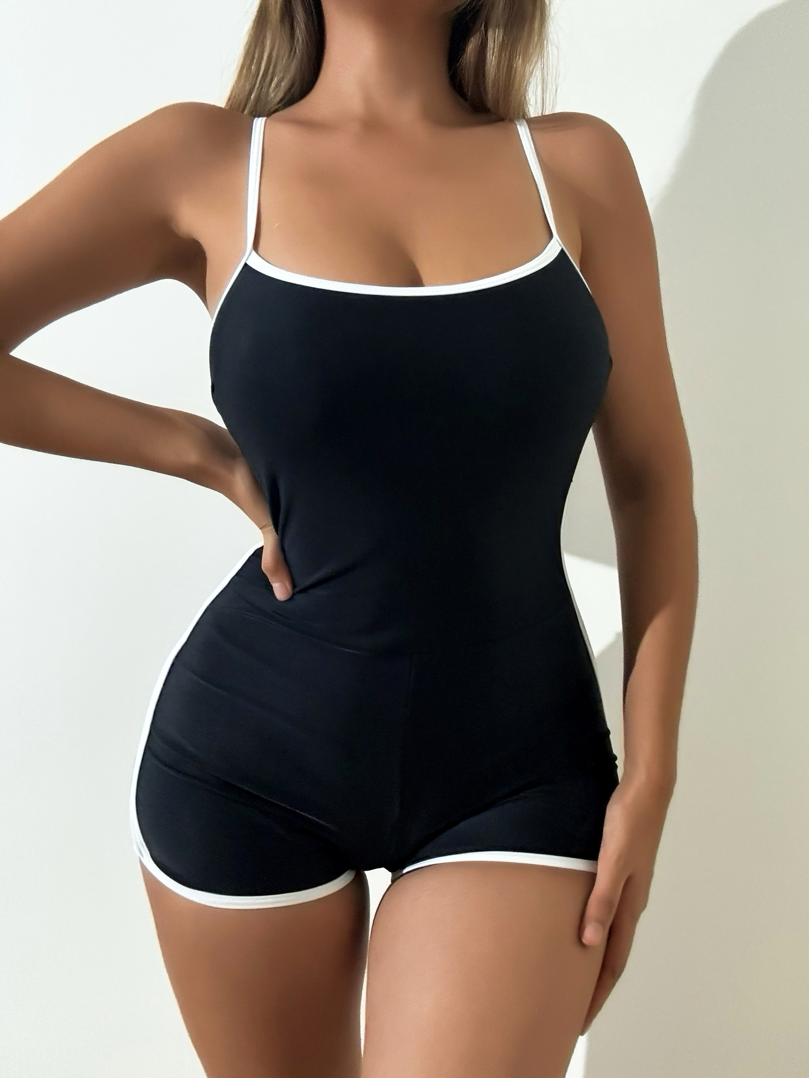 Contrast Trim V Neck Stretchy One-piece Swimsuit, Black & White U Back  Water Sport Bathing Suits, Women's Swimwear & Clothing