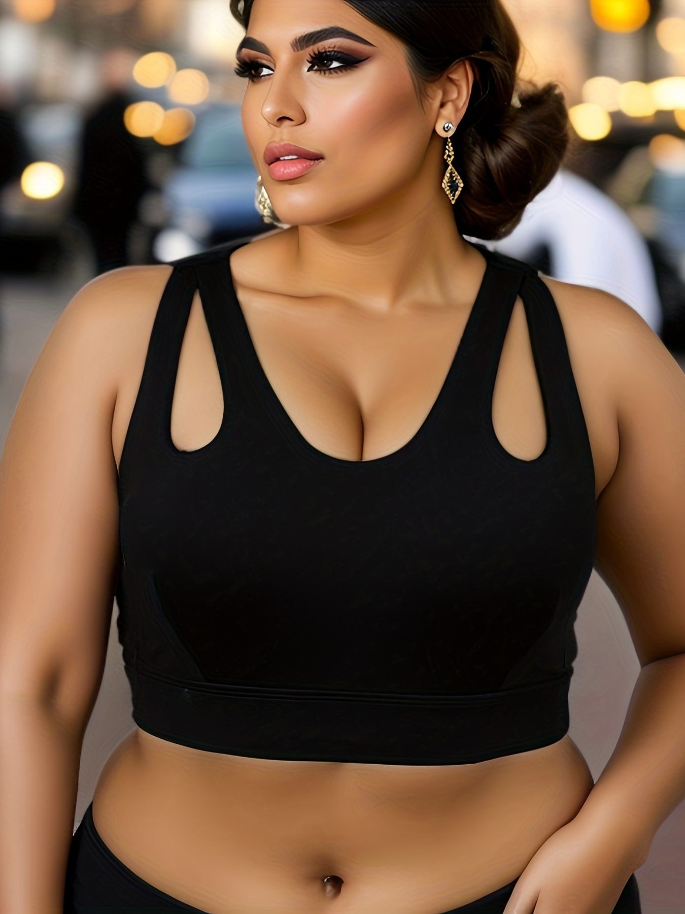Plus Size Casual Sports Bra, Women's Plus Bra Comfort High Impact Cut Out  Wide Strap Racer Back Solid Stretchy Yoga Workout Bra