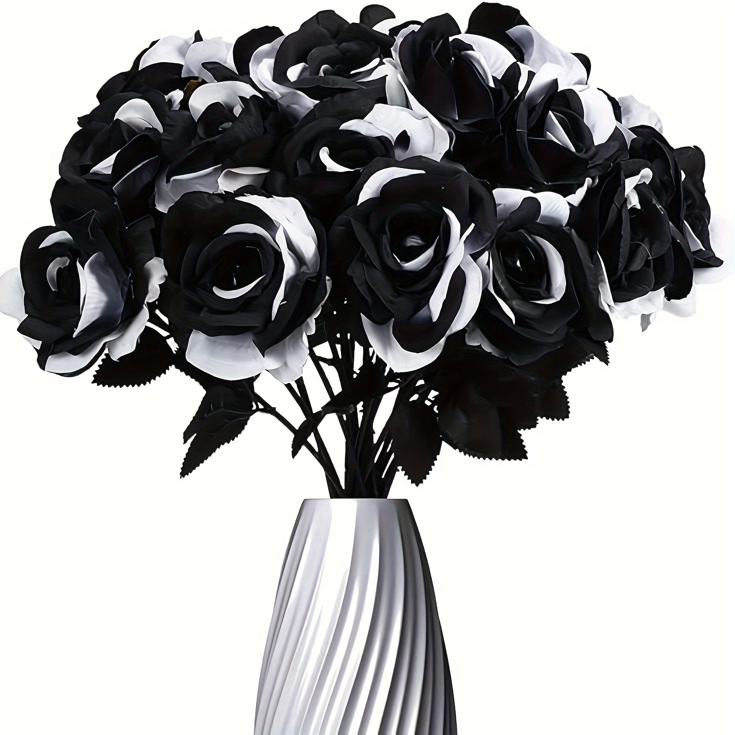

9pcs Black Rose Artificial Flowers, Single Stemmed False Silk Flower Bridal Bouquet, Realistic Flowers For Family Garden Parties, Halloween Christmas And Valentine's Day Decorations (black And White)