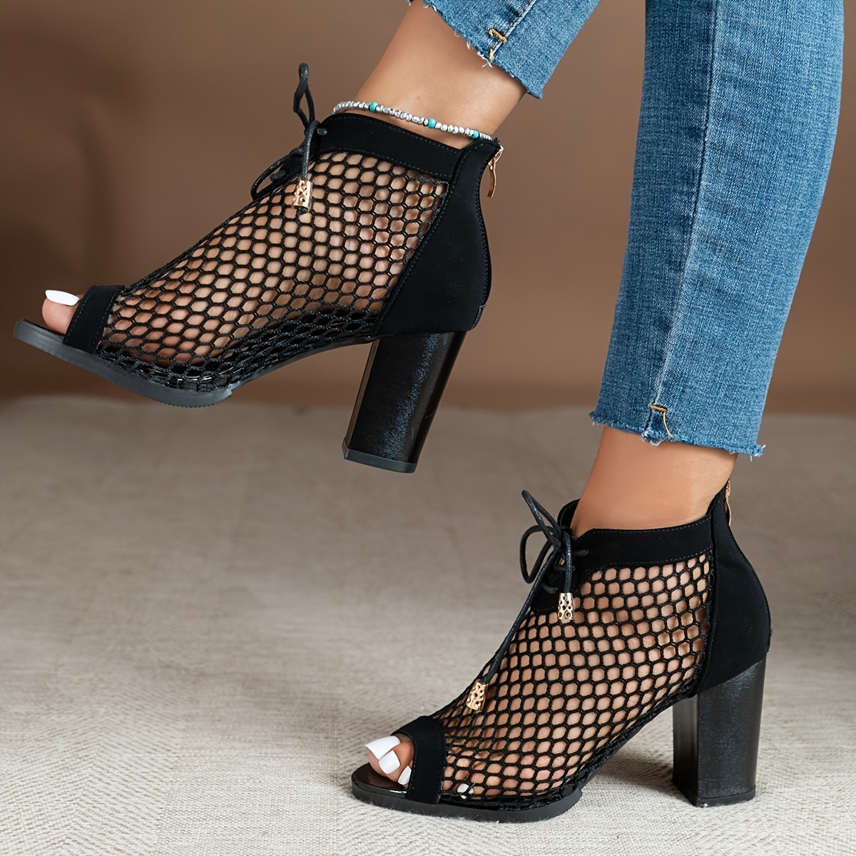 Womens High Heels Open Toe Ankle Strap Sandals Fashion Block Heel Shoes  Side Zip