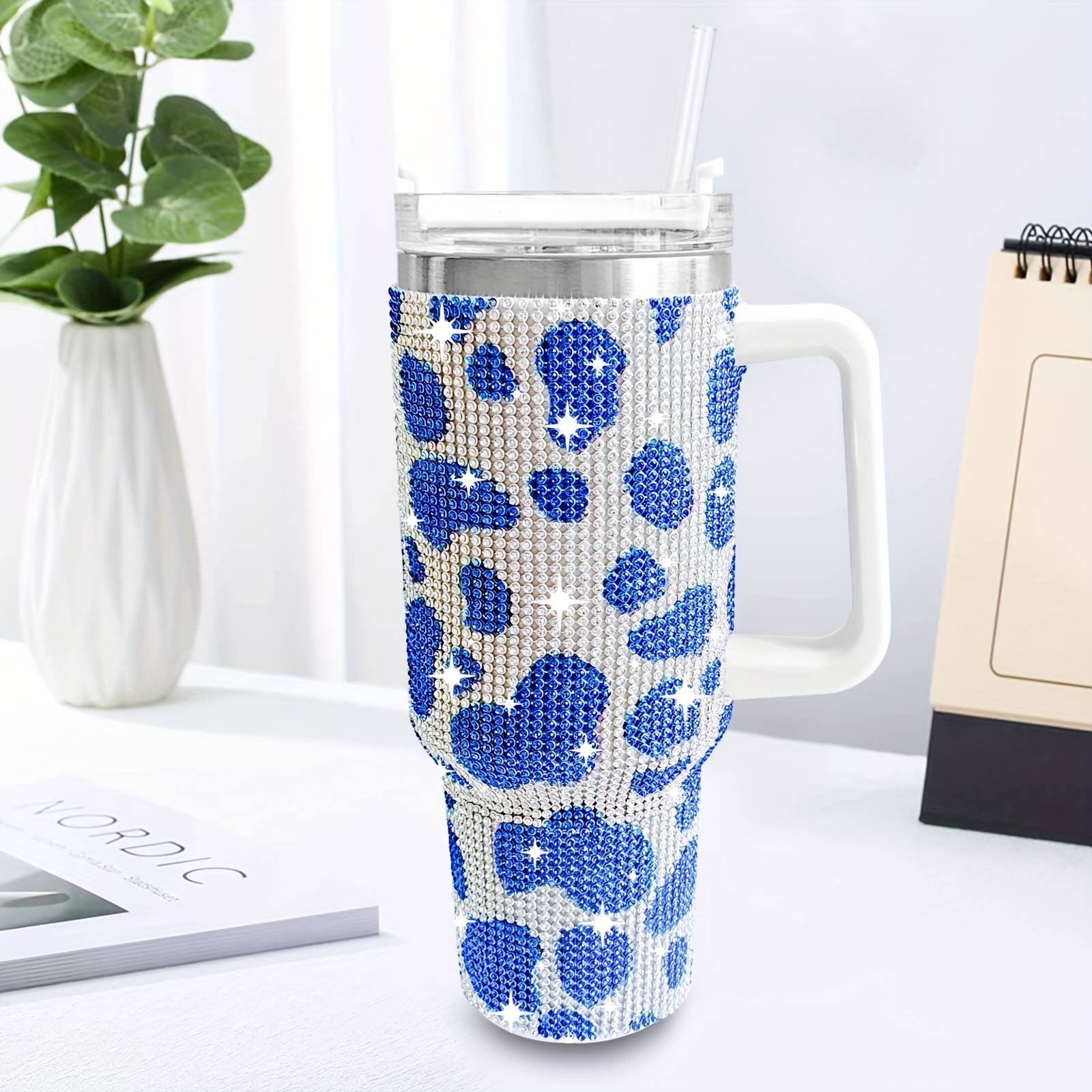 1pc Stainless Steel Tumbler With Handle, 40oz Blue Cup For Car, Office