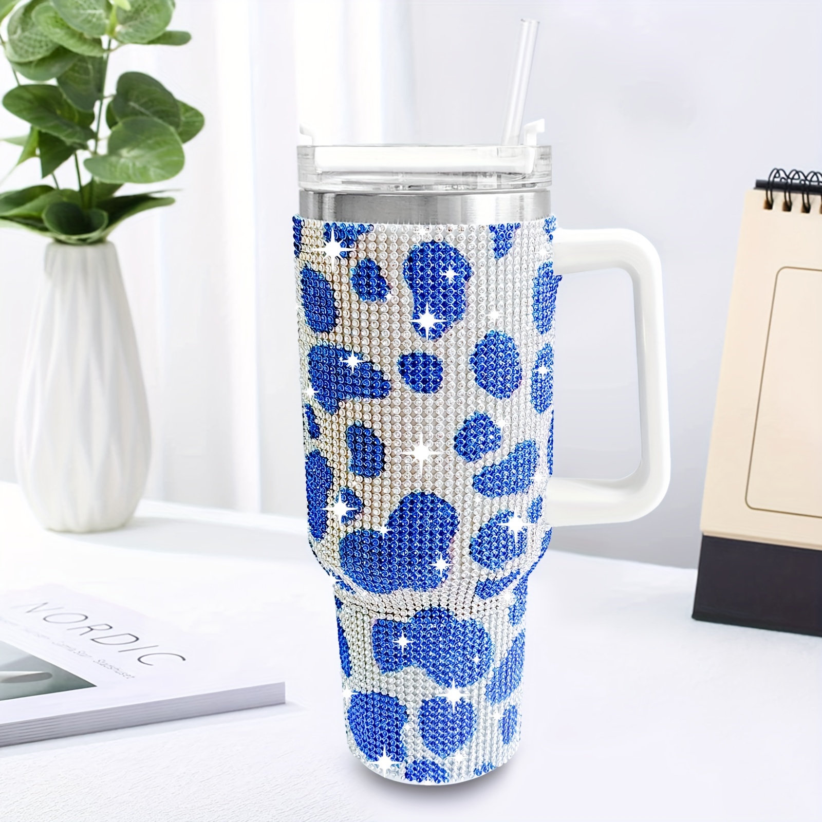 1pc Stainless Steel Tumbler With Handle, 40oz Blue Cup For Car