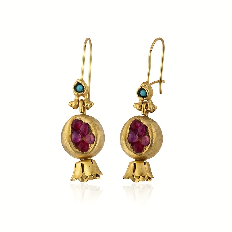 

Golden Vintage Pomegranate Design With Turquoise Decor Dangle Earrings Bohemian Style Alloy Jewelry Female Trendy Gift