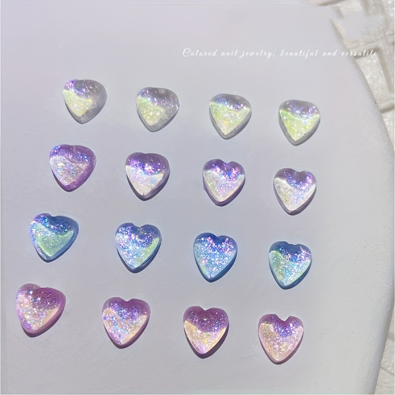 Heart Nail Charms Colorful Heart Nail Rhinestones 3D Aurora Skew Heart Nail  Gems Shiny Flat Back Nail Diamond 7 Colors Heart Crystal Charms for Women