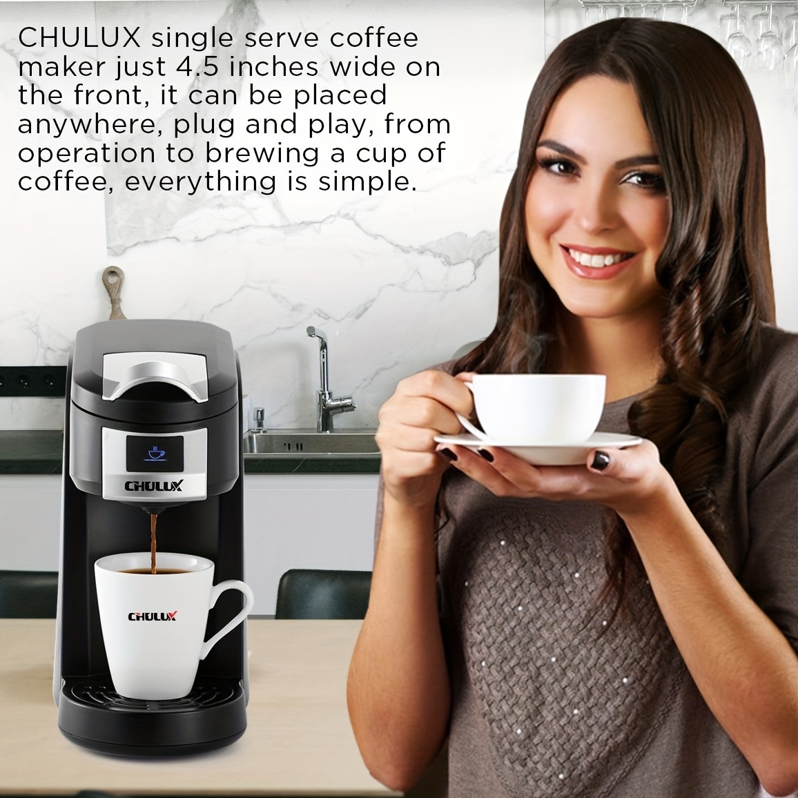 CHULUX Single Cup Coffee Maker Machine,12 Ounce Pod Coffee Brewer,One Touch  Function for Brewing Capsule or Ground Coffee,Cyan