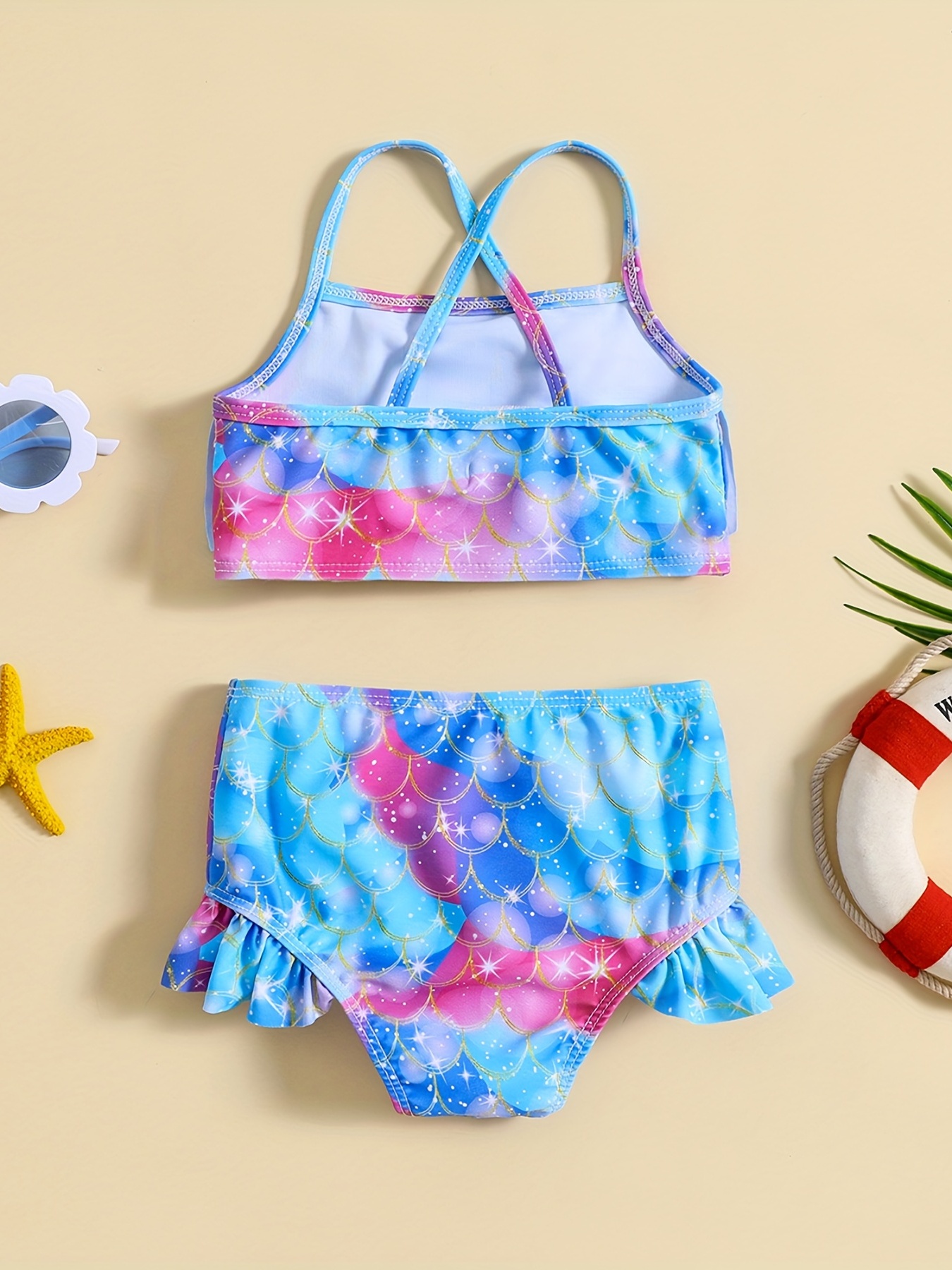 Girls Fish Scale Cami Top & Ruffled Shorts Swimsuit Set for Beach & Pool