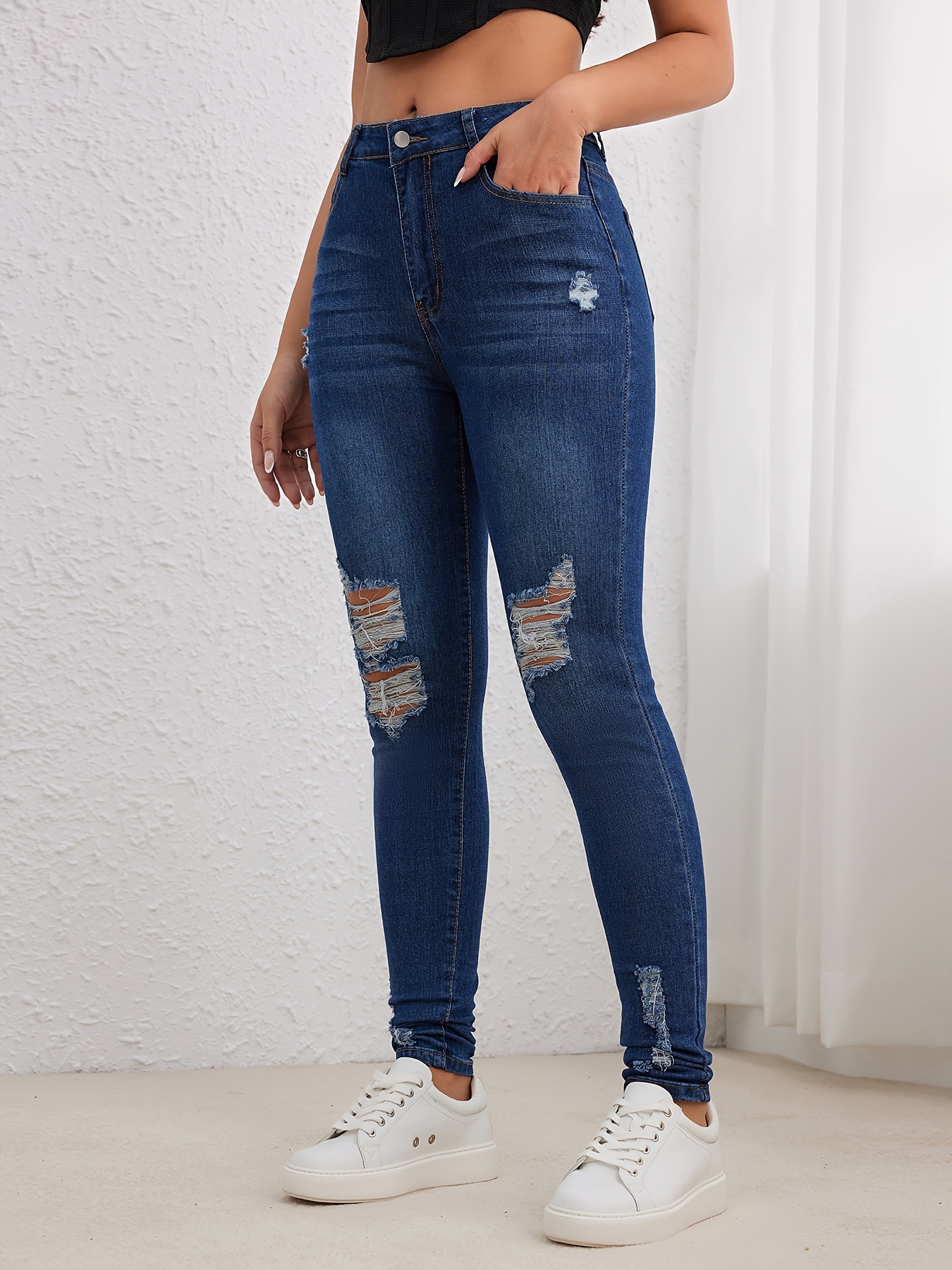 Jeans ajustados con pierna rasgada de tiro alto, pantalones de mezclilla  ajustados elásticos con relieve de ondulación de agua de cintura alta, jeans