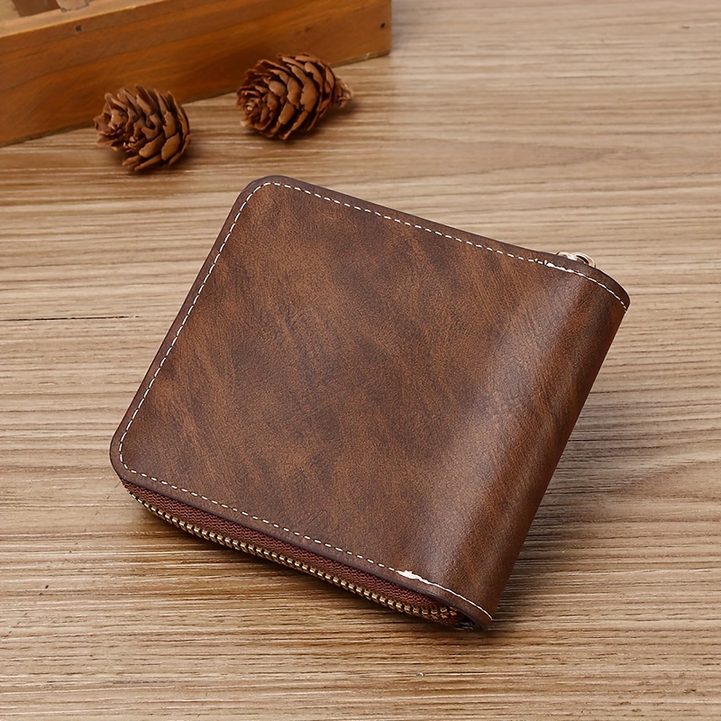 1pc Men's PU Button Decor Zipper Bag, Small Credit Card Holder, Bifold Wallet, Simple Portable Wallet