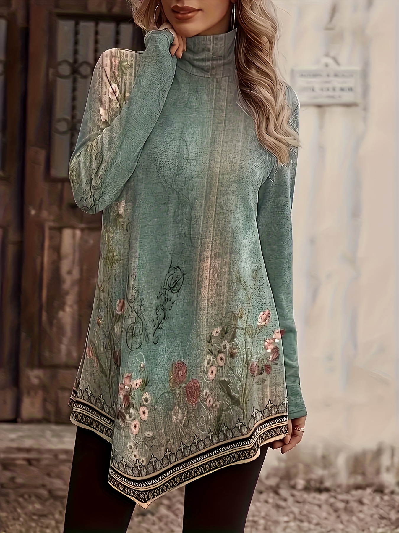 Ethnic Floral Print Tunics, Vintage High Neck Long Sleeve Tunic Tops,  Women's Clothing
