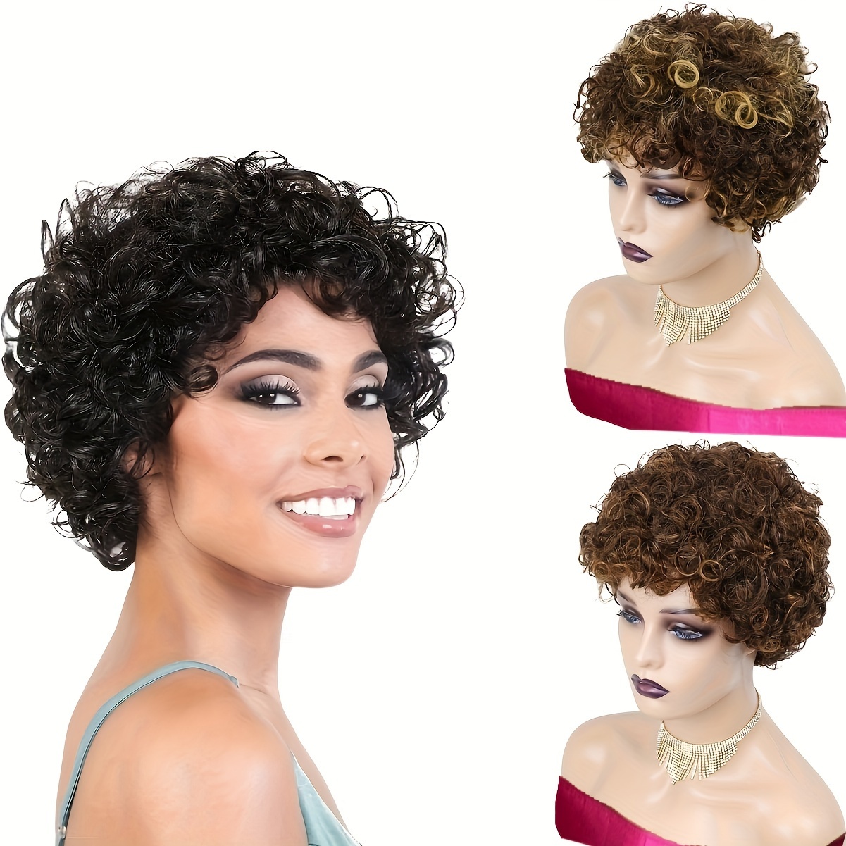 Pixie Afro Kinky Curly Wigs With Bangs Human Hair Afro Wigs for Black Women