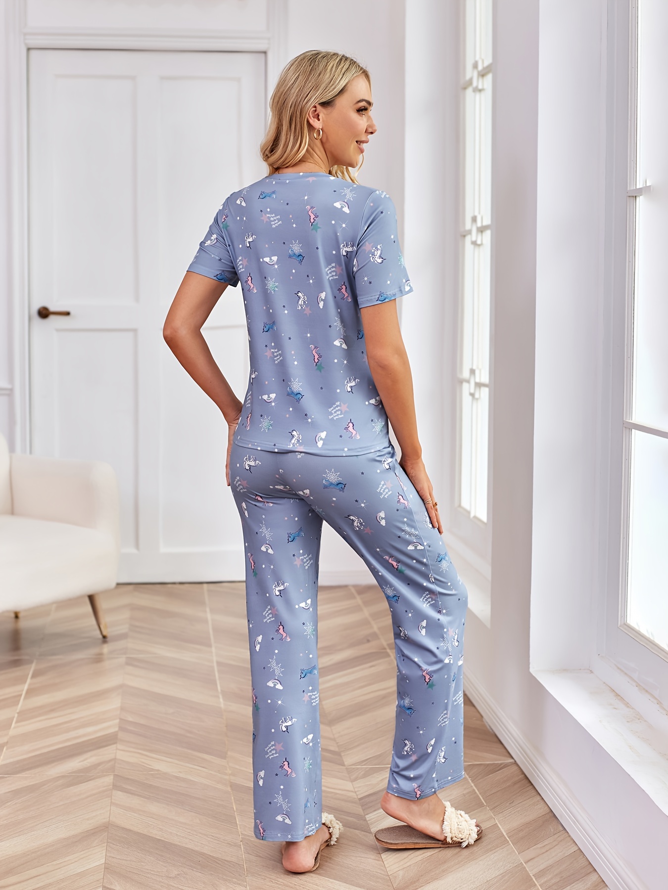 Cute Cartoon Pattern Pajama Set, Short Sleeve Pajama Top & Pajama Pants,  Women's Loungewear & Sleepwear