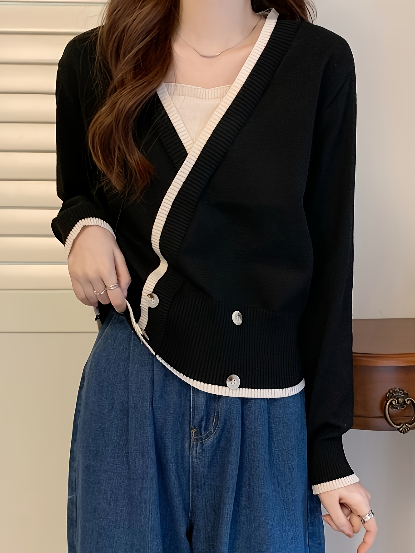 Solid Double Breasted Knit Cardigan Elegant Long Sleeve - Temu