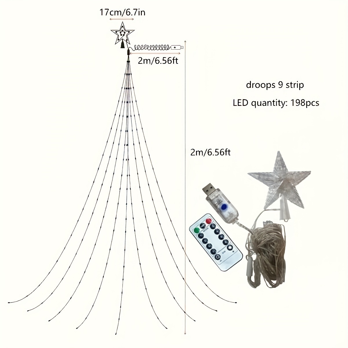 1 unidad, cadenas de luces LED de estrella, luces LED de cascada,  decoración de árbol de Navidad, decoración de jardín al aire libre, USB con  mando a