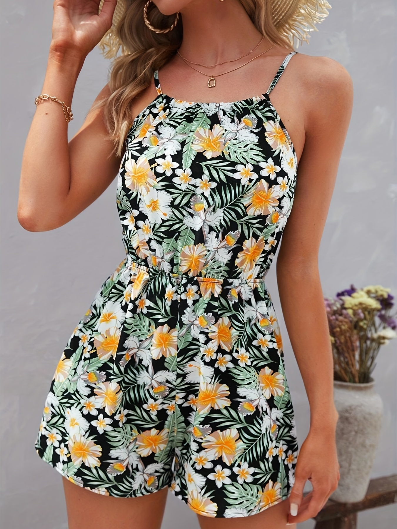 Floral Print Spaghetti Strap Romper Vacation Slim Waist Sleeveless Romper