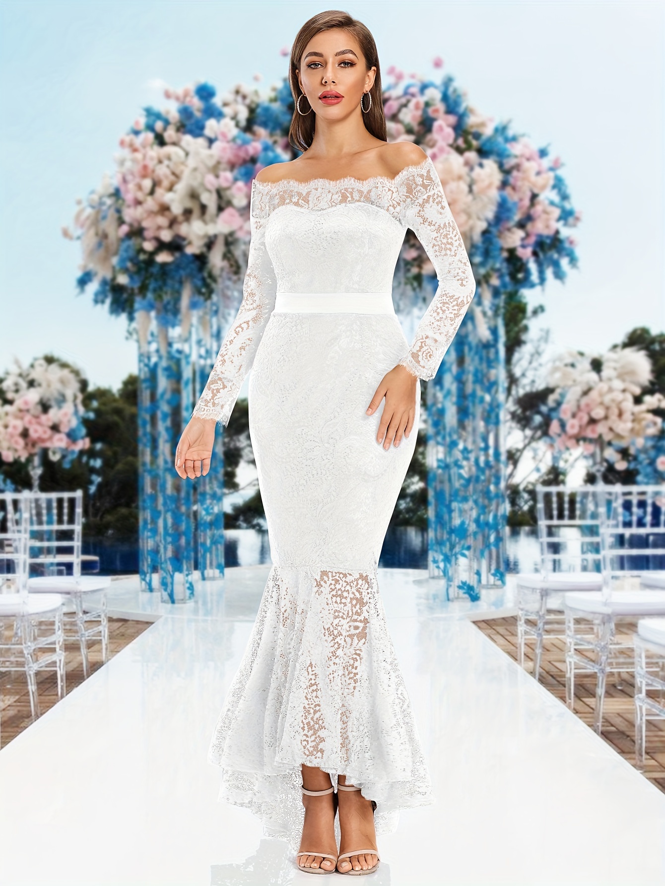 Lace Split Wedding Dress Elegant Long Sleeve Plunging V neck - Temu