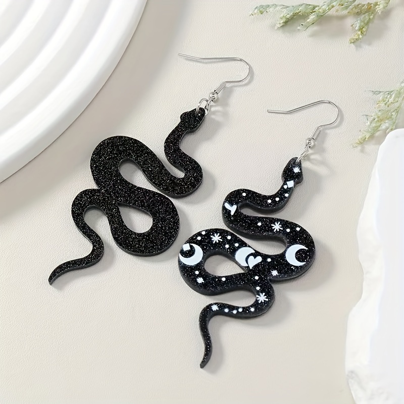 Punk Star & Moon Snake Dangle Earrings Edgy Gothic Jewelry