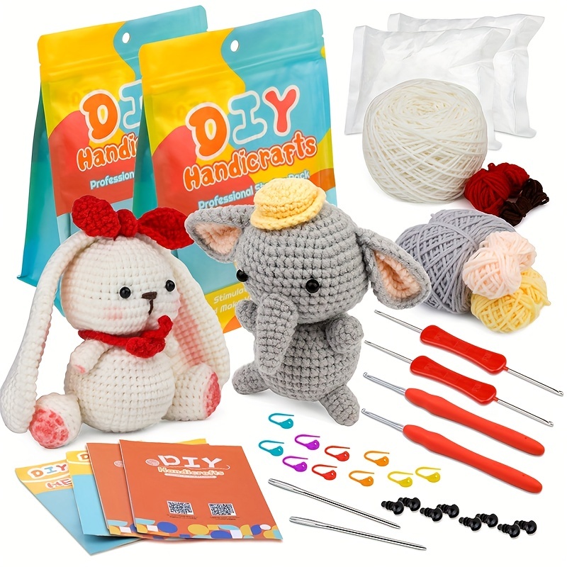 2 Set Crochet Kit Animals, DIY Crochet Kit For Beginners, Cute Animal Kit  Elephant and Penguin Starter Pack With Yarn Balls, Crochet Hooks, stitch